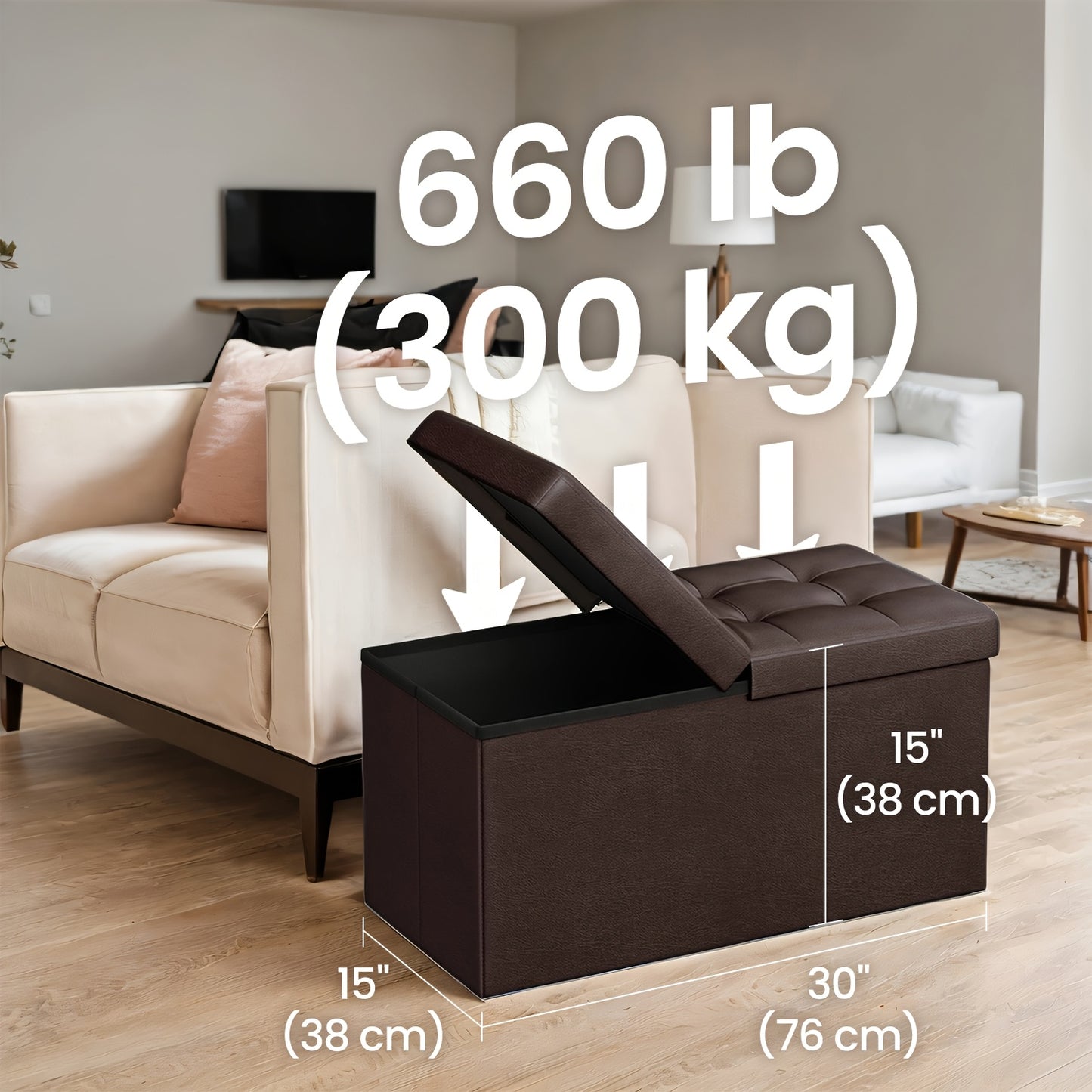 Foldable Storage Chest Stool 660lbs Load Bearing Ottoman With Flip Top Lid Perfect For Entryway Shoe Changing Living Room Extra Seating And Bedroom Blanket Storage Easy Clean Faux Leather Coffee Shade
