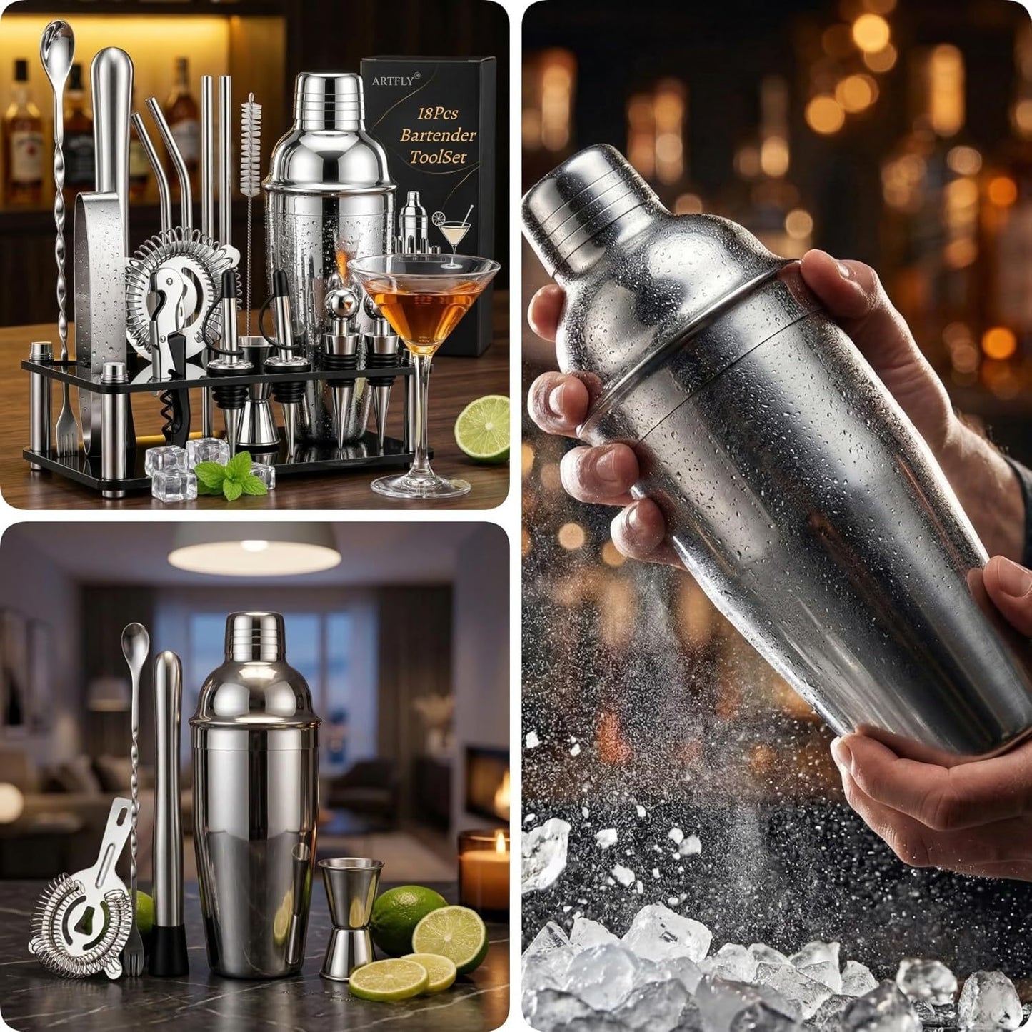 18-Piece Bartender Kit with Acrylic Stand, 18/8 Stainless Steel Bar Set with Martini Shaker, Jigger, Muddler & Recipe Book for Home Bar