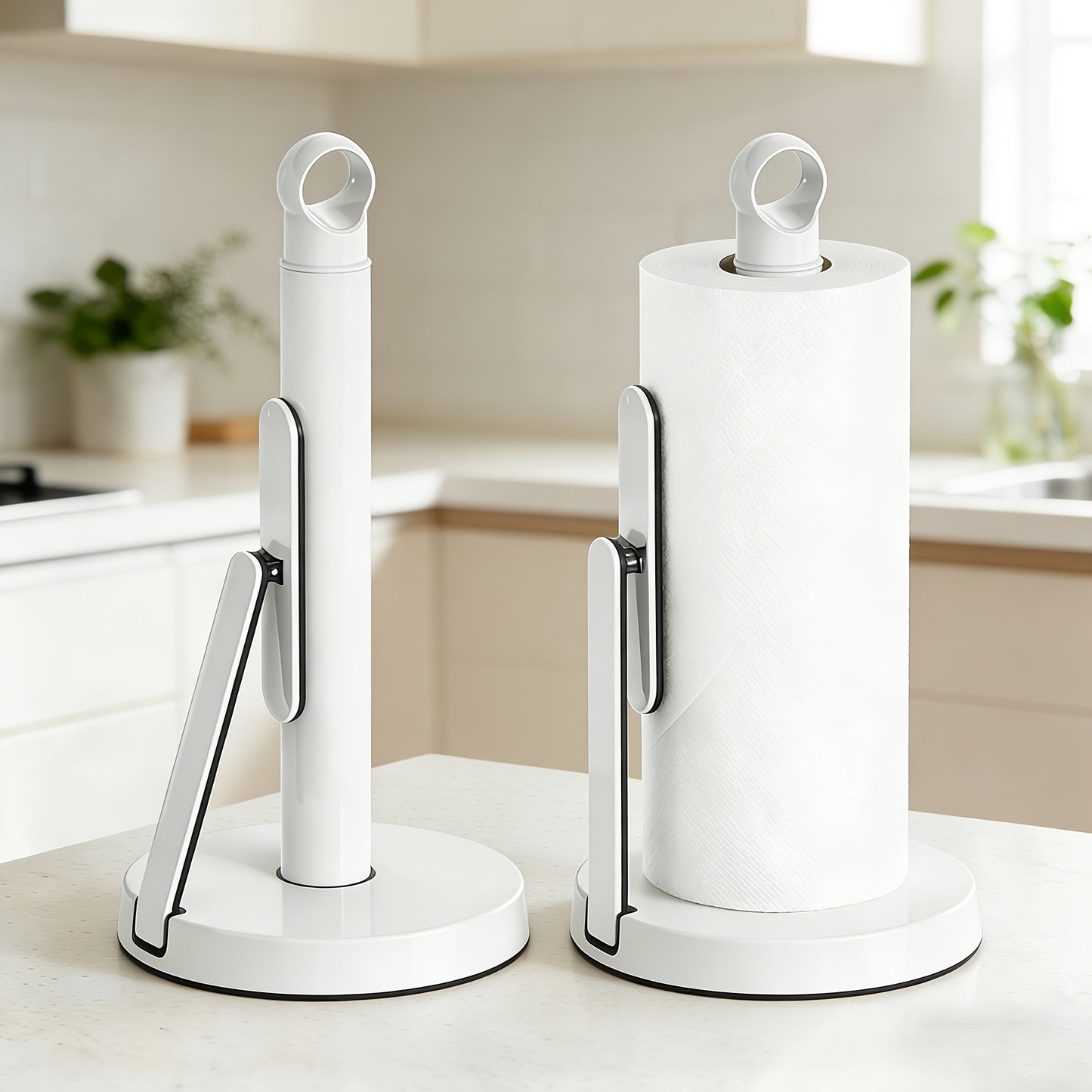 Heavy-Duty Stainless Steel Paper Towel Holder with Tension Arm-Easy One-Handed Tear, Modern Standing Countertop Dispenser for Kitchen, Holds All Paper Towel Rolls