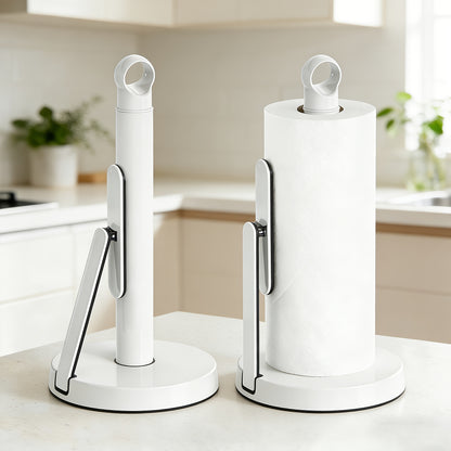 Heavy-Duty Stainless Steel Paper Towel Holder with Tension Arm-Easy One-Handed Tear, Modern Standing Countertop Dispenser for Kitchen, Holds All Paper Towel Rolls