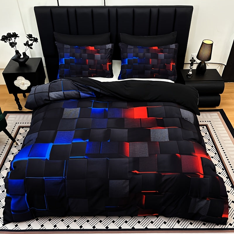 3pcs Cool Tech Digital Print Duvet Cover Set for All Seasons, Available in Red And Blue, in Four Sizes (Twin, Double, Queen, King) (1 Fitted Sheet + 1/2 Pillowcase, No Filling)