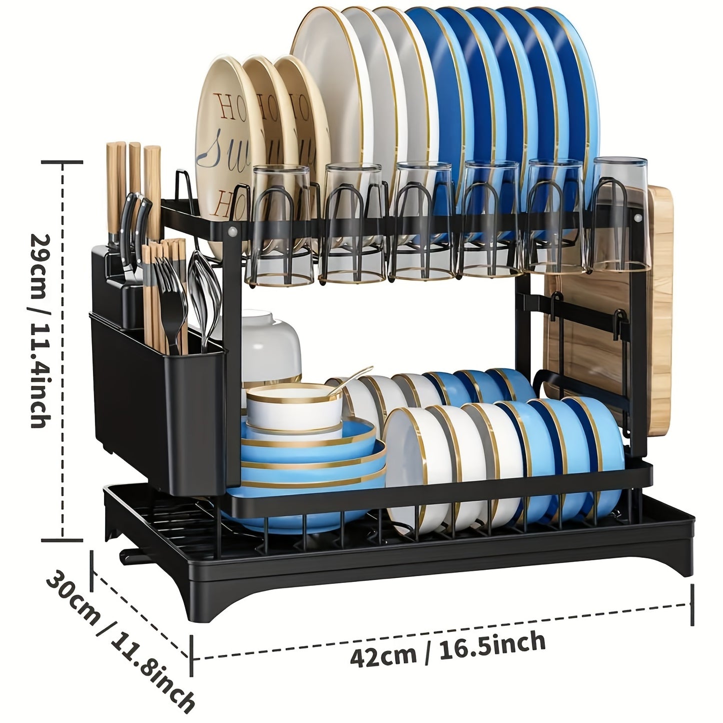 2-Layer Dish Drying Rack Kitchen Countertop Organizer - Dish Drain Rack with Knife Holder, Cup Rack & Cutlery Holder for Bowls, Chopsticks & Utensils, Black Assembled Dish Drainer