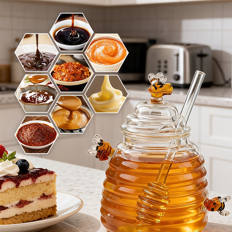 1pc 480Ml/16.23Oz High Borosilicate Glass Honeycomb Jars with Lid And Stirrer, Transparent Honey Storage Jars, Suitable for Home, Weddings, Parties, And Kitchen