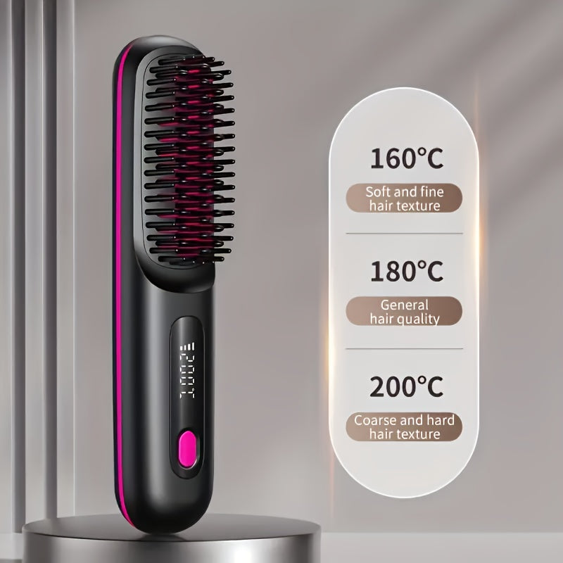 [USB Charging, Travel] Portable Wireless Hair Straightener Comb | USB Charging, 3-Speed Temperature Control, Negative Ion Technology, Long-Lasting Luster, LED Display, Lightweight, Perfect For Travel, Includes Comb And Clip
