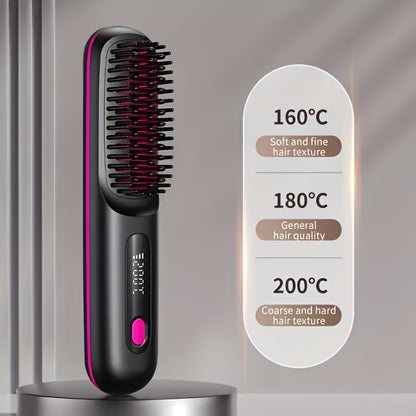 [USB Charging, Travel] Portable Wireless Hair Straightener Comb | USB Charging, 3-Speed Temperature Control, Negative Ion Technology, Long-Lasting Luster, LED Display, Lightweight, Perfect For Travel, Includes Comb And Clip