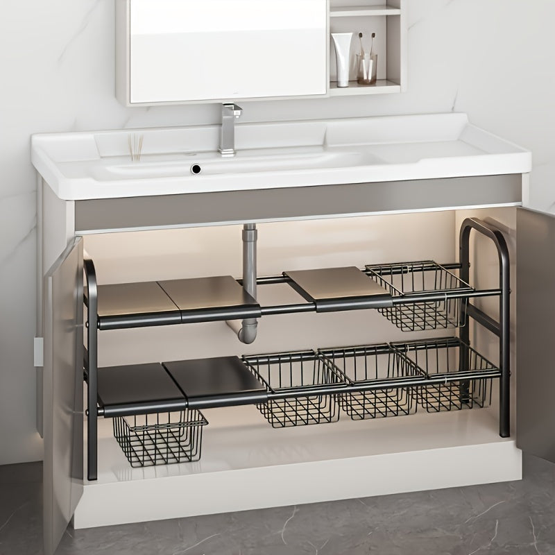 3 Plates/5 Plates And 5 Baskets Expandable Under Sink Organizers And Storage 2 Tier Cabinet Shelf Organizer with 5 Detachable Panels 5 Baskets for Under Kitchen Bathroom Sink Organizers And Storage