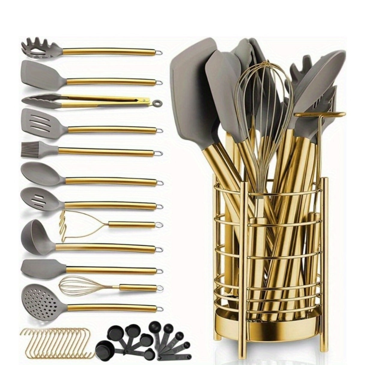 38pcs Set of Golden Kitchenware, with Edible Grade Silicone Heads to Protect Your Cookware. Made of Stainless Steel Material, It Is Safe And Reliable, Providing a Complete Solution to Your Cooking Needs