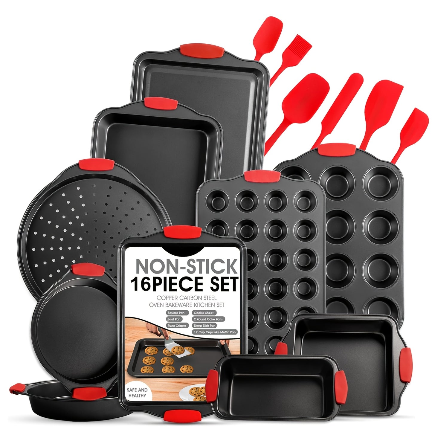 2/6/7/8/12/16/18pcs Non-Stick Baking Pan Set for Kitchen Oven, Baking Set with Round/Square Cake Pans, Bread Bags, Muffin Cups, Pizza Pan, Bread Scraper, Whisk, Spatula, Wire Rack, Measuring Spoon, Muffin Pan, Bread Pan, Baking Sheet, Cookie Sheet