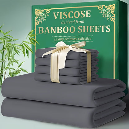 4pcs Bamboo Cooling Bed Sheet Set - Ultra Soft Breathable Sheets With Deep Pocket Fitted Bedspread (18"-24" Height), 2200 TC Cooling Fabric, Shrink & Wrinkle Resistant, For All-Season Comforter Fit - Modern Bedding Collection For Hot