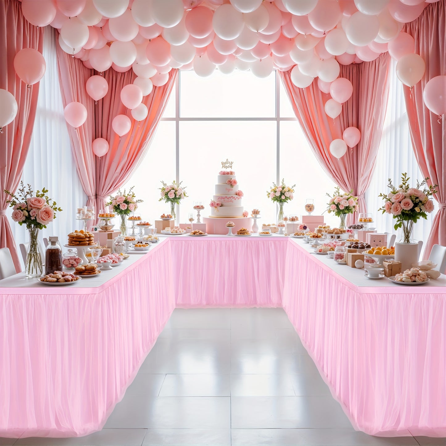 6Ft Pink Tulle Table Skirt Tablecloth, Pink Ruffle Tutu Table Skirts, for Rectangle Tables Or Round Tables Desk Skirt for Princess Girls Birthday Party Cake Dessert Table Decorations