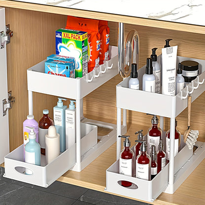 Set of 2 Under-Sink Organizers, Bathroom Cabinet Storage Solution, Dual-Tier Sliding Basket Drawers, Versatile Bath Collection Baskets for Under-Counter Storage with 8 Hooks