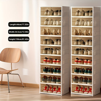 1pc/2pcs Heavy-Duty Collapsible 9-Tier Shoe Cabinet Organizer - Clear Plastic Foldable Stackable Shoe Rack with Shelves, Space-Saving Narrow Storage for Hallway, Apartment, Small Spaces - No Assembly Required (Shelves & Doors)