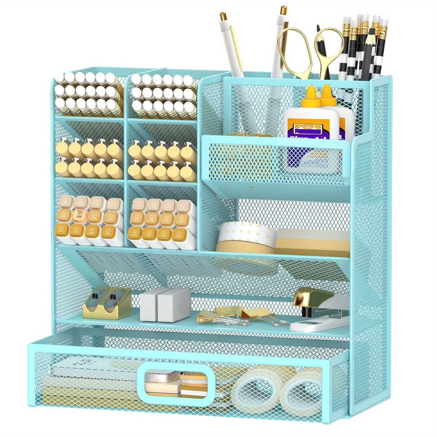 SUPEASY Desk Organizer With Drawer, Multifunctional Mesh Desk Pen Organizer, Desk Organizer With Pen Holder And Accessories For Office And Art Supplies