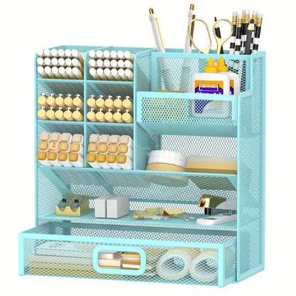 SUPEASY Desk Organizer With Drawer, Multifunctional Mesh Desk Pen Organizer, Desk Organizer With Pen Holder And Accessories For Office And Art Supplies