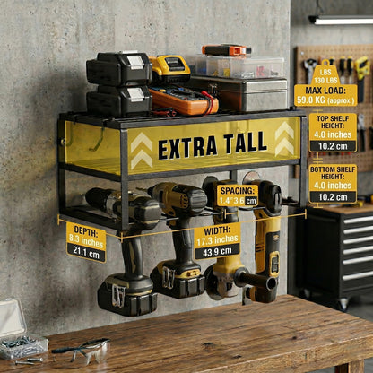 Power Drill Holder Wall Mount – Heavy Duty Tool Storage Rack with 3/4 Layer Floating Shelf | Cordless Drill Organizer | 4/6/8 Drill Holders Workshop Tool Rack for Garage & Workshop Organization