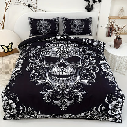 3pcs Black And White Skull Design Victoria Baroque Gothic Duvet Cover Set (1 Duvet Cover + 2 Pillowcases Without Pillow Insert), Halloween Collection, High Definition Numeric Print for Queen And King Size in Home Dormitory