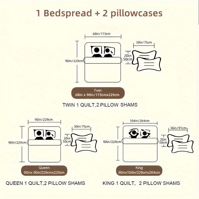 3pcs Patchwork Style Quilted Bedspread Set, Includes 1 Quilt and 2 Pillow Shams, Machine Washable, All-Season Comfort, Soft Breathable Bedroom Dorm Decor Bedding Set, 100% Polyester, Active Printing, Quilting Craftsmanship, 90g Fabric Weight