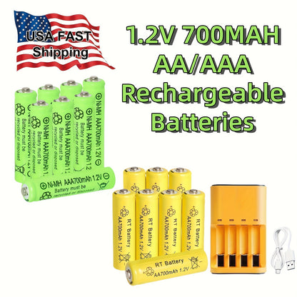 Rechargeable AA AAA Batteries with Charger Kit 16pcs 1.2V 700mAh NiMH Pre-Charged Smart 4-Bay USB Charger Independent Slots Fast Charging for Remote Clock Toy