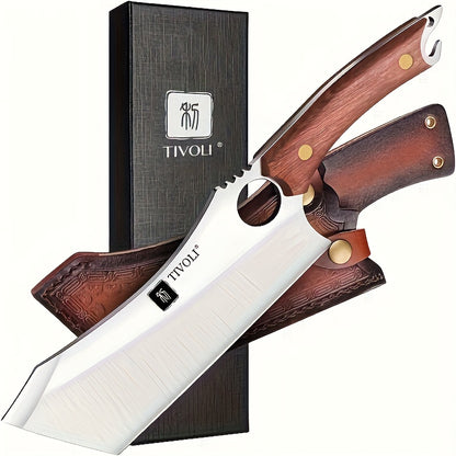 Meat Cleaver Knife Kitchen Vegetable Knife Sharp Meat Cleaver Forged In Fire Full Tang Cleaver Knife with SheathFor Outdoor Camping Father's Day Gift Men Women