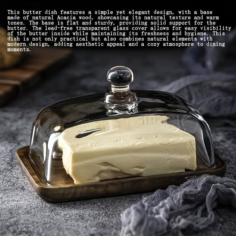 Retro Wooden Butter Dish With Glass Lid, Multifunctional Serving Tray For Weddings, Parties & Desserts - Durable, Easy To Clean, Perfect For Cakes, Fruits & Snacks