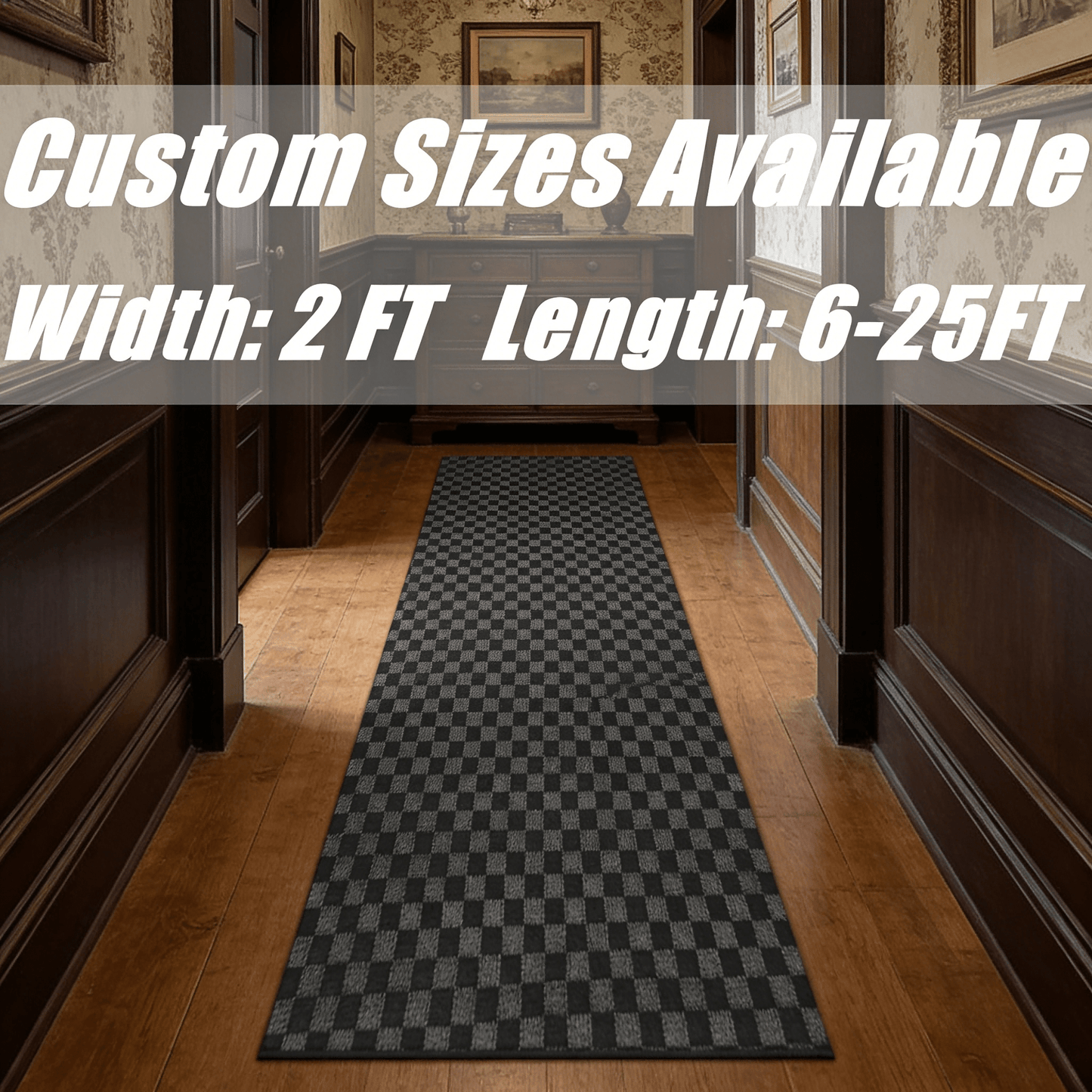 Runner Rug Non-Slip Rubber Backing Indoor Outdoor Hallway Kitchen Entryway Bedroom Carpet Runner Stain Resistant Low Pile Easy Clean Multiple Sizes 2FT Wide 8 Colors Grid Strip