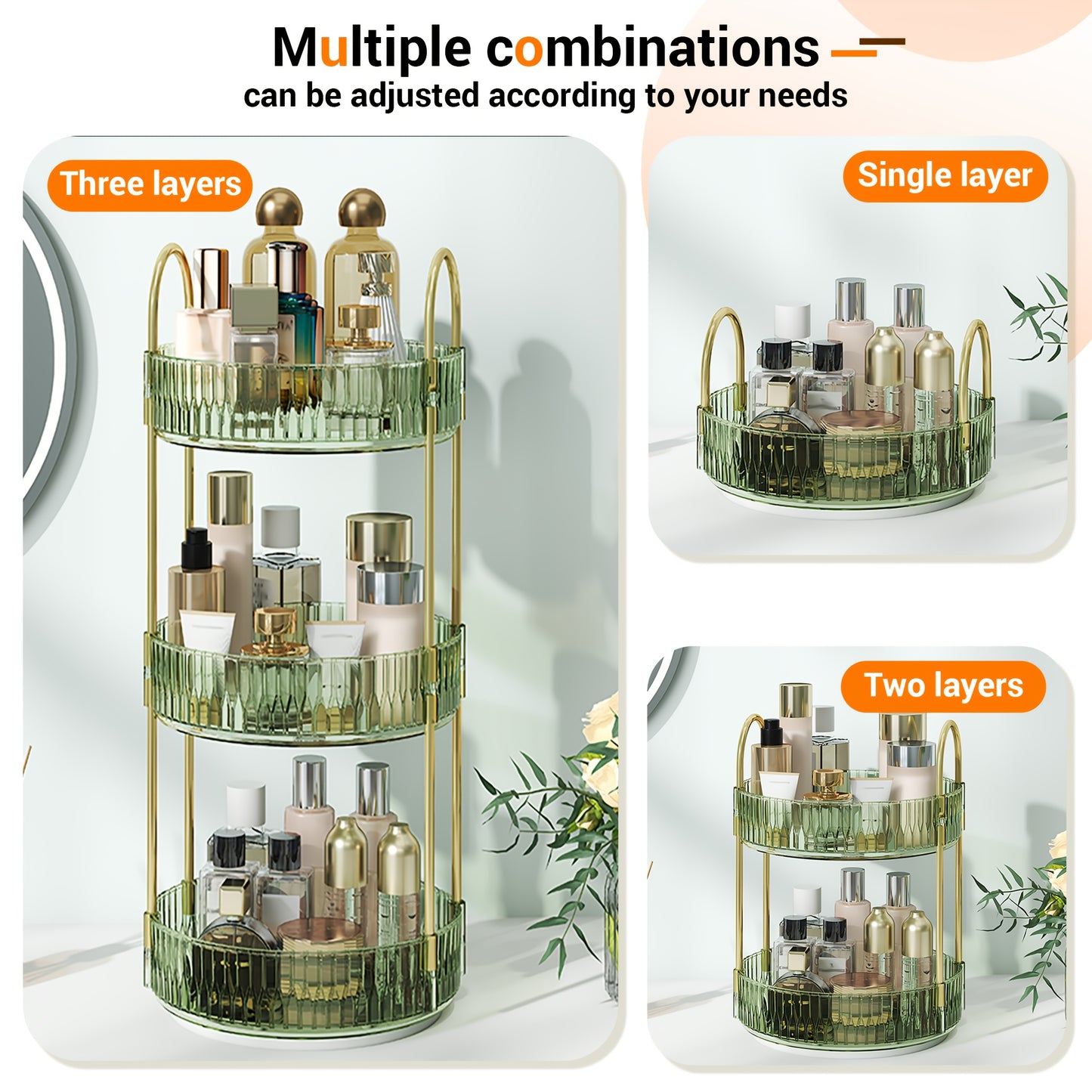 2/3 Floor Bathroom Trays 360 Rotating Makeup Organizer High-Capacity Skincare Clear Make Up Storage Perfume Organizers Detachable Multi-functional Assembly The Third Layer Comes with An Additional 2 U-shaped Hooks And 1 Tray, Bathroom Trays