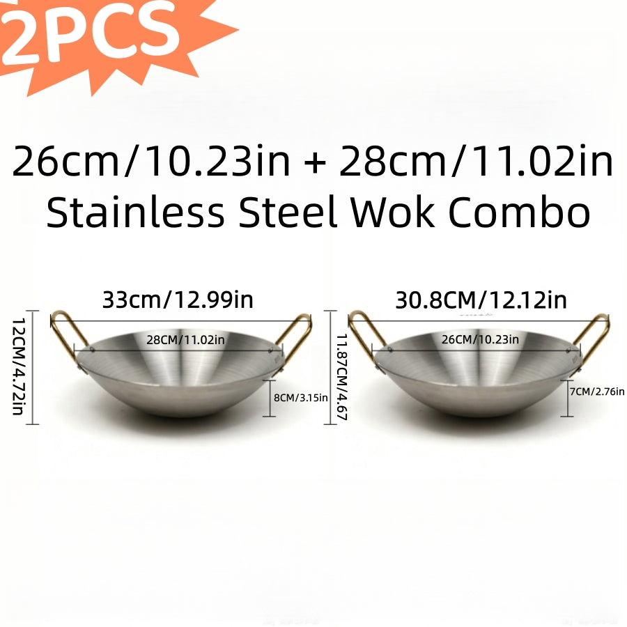 2pcs Stainless Steel Wok Set (10In+11In), The Ultimate Combo for Home Kitchen & Outdoor Adventures