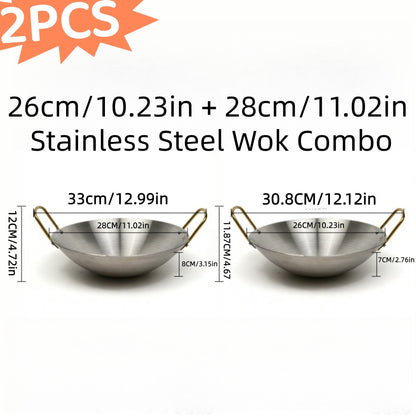 2pcs Stainless Steel Wok Set (10In+11In), The Ultimate Combo for Home Kitchen & Outdoor Adventures