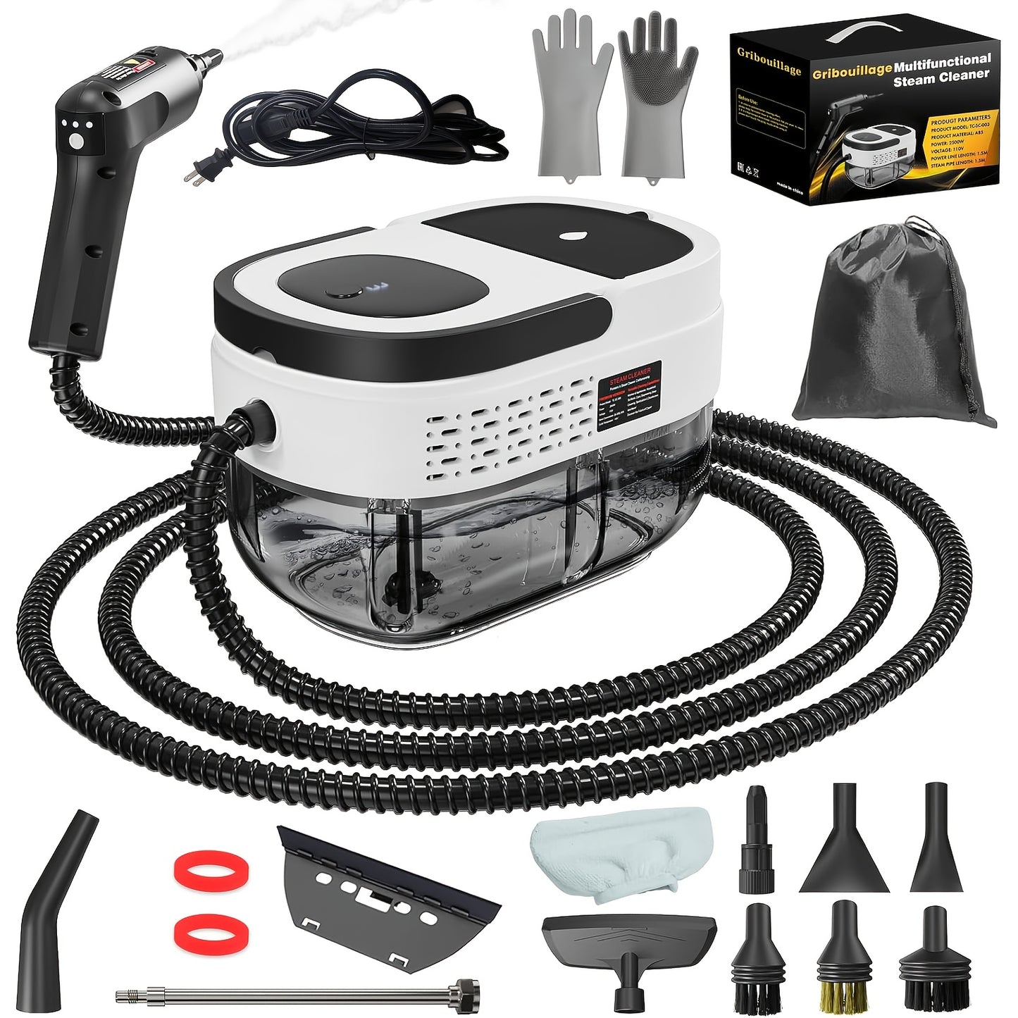 ERFEI Handheld Steam Cleaner, High Pressure Steam Machine, 54.1oz Water Tank, 3 Levels Adjustable Handle, Portable Cleaning Steamer for Home, Car Detailing, Bed Bugs, Furniture, Couch, Grout (White)