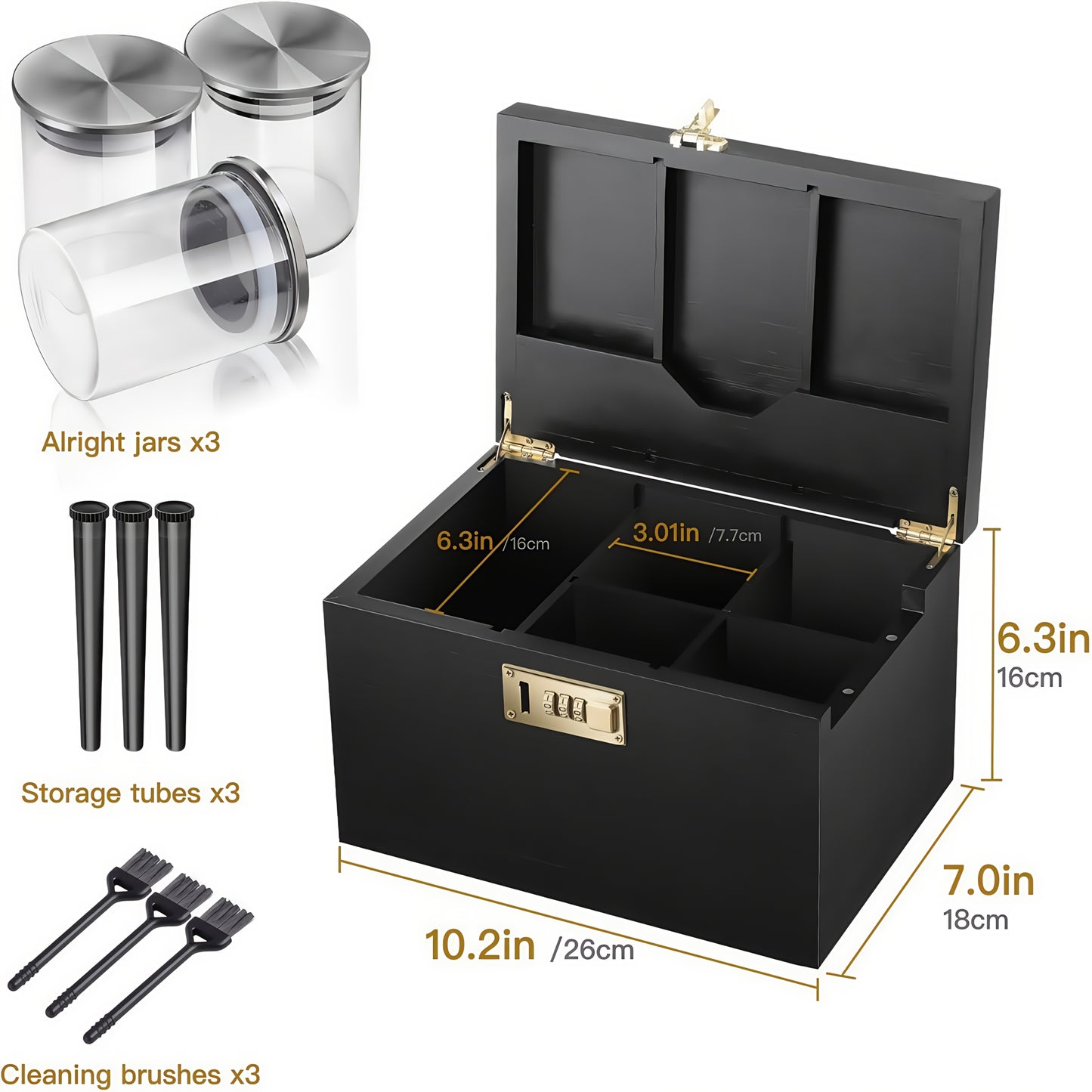 Large Bamboo Storage Box with Combination Lock - Premium Smell-Proof Design & Detachable Compartments | Includes 3 Glass Jars, Brushes & Tubes | Wooden Box Kit with Sliding-Tray- Elegant Gift Set for Essentials Organization (Black&Original)