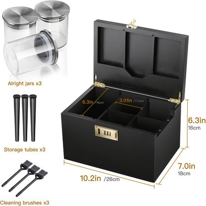 Large Bamboo Storage Box with Combination Lock - Premium Smell-Proof Design & Detachable Compartments | Includes 3 Glass Jars, Brushes & Tubes | Wooden Box Kit with Sliding-Tray- Elegant Gift Set for Essentials Organization (Black&Original)