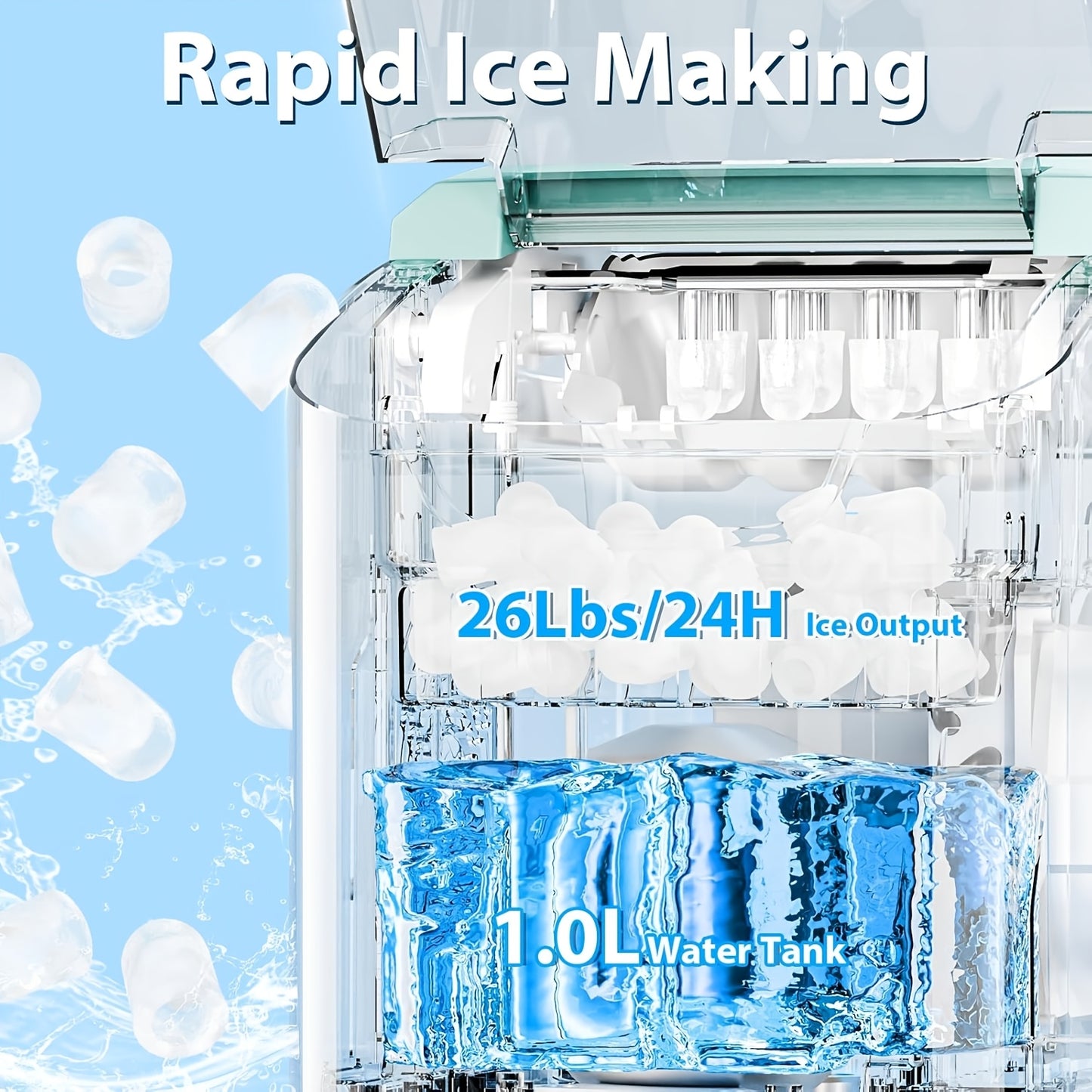 Countertop Ice Maker, 9 Ice Cubes in 6 Mins, 26.5Lbs/ 24H Self-Cleaning Portable Ice Machine with 2 Sizes(S/ L), for Home/ Kitchen/ RV, Green/ Black/ White