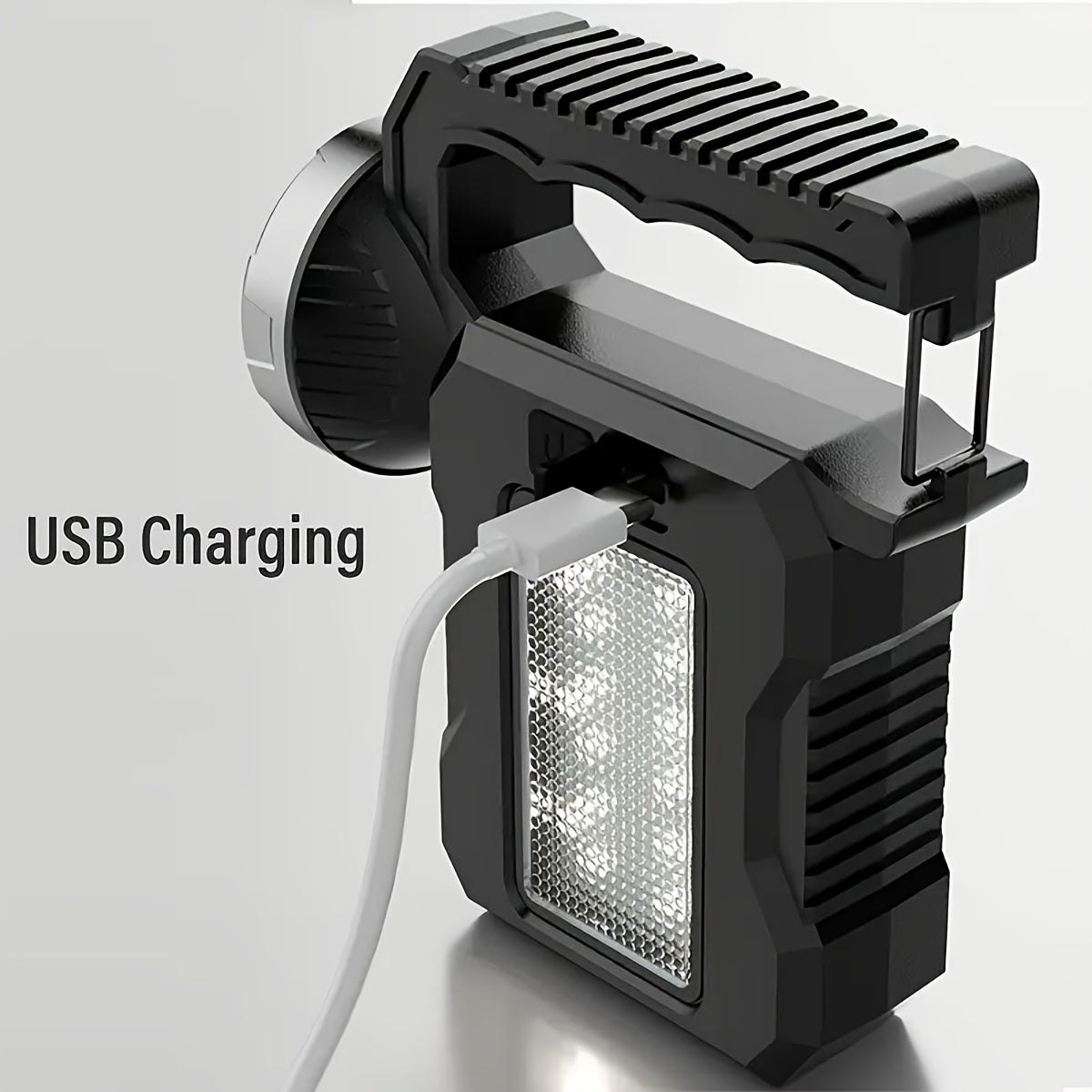 LED Searchlight Spotlight Solar & USB Rechargeable | High-Power Handheld Flashlight with Side Light Locking Clip 4 Modes | Camping Fishing Work Outdoor Emergency Gift