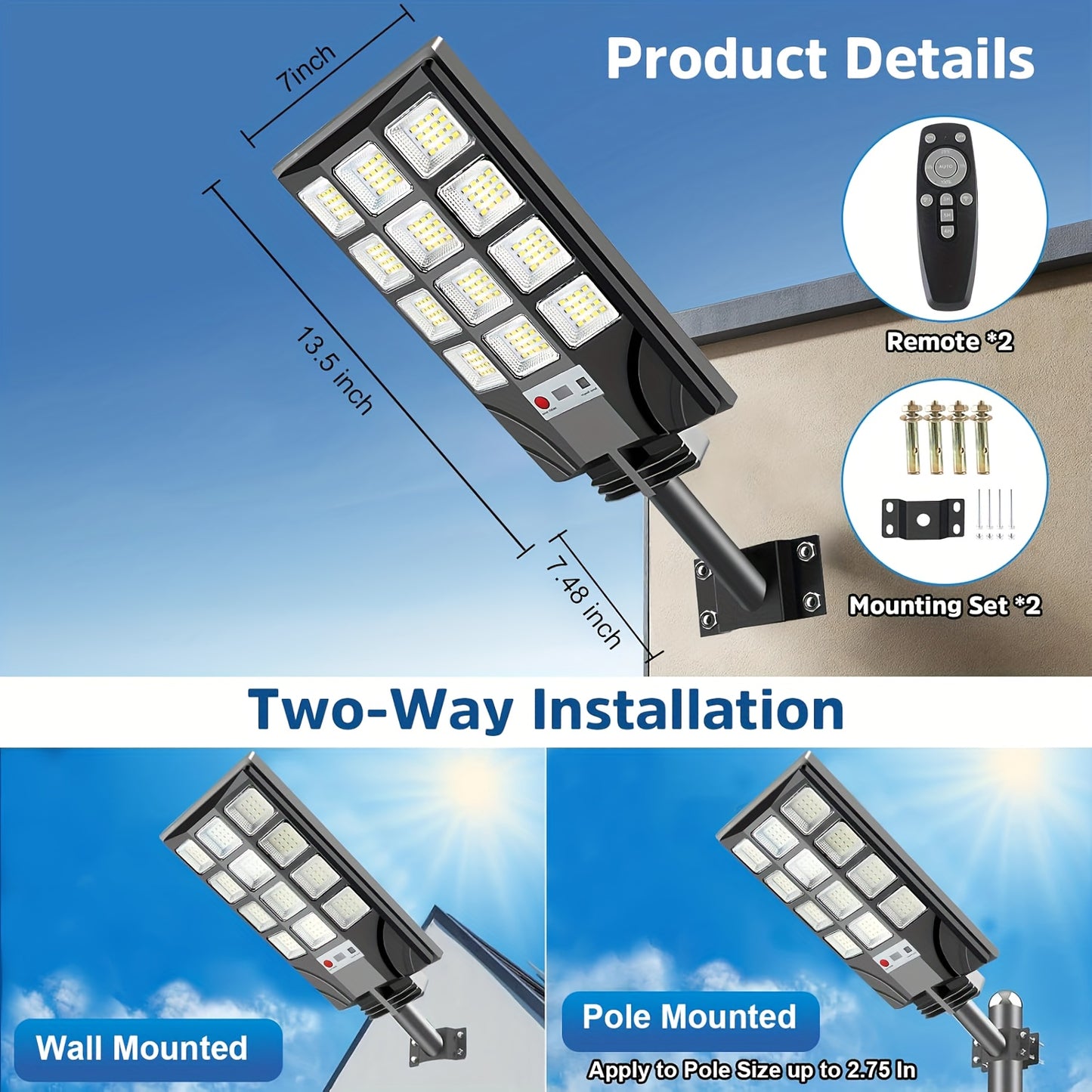 Solar Street Light Outdoor 400 LED – 6500K Waterproof Sensor Flood Light with Remote Control, Dusk to Dawn for Commercial Area, Parking Lot & Night Security Lighting (2 or 4 Pack)