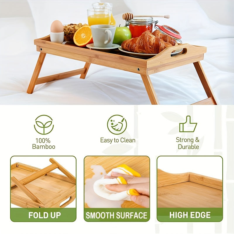 2pcs Bamboo Breakfast Tray with Folding Legs & Handles - Extra Wide Stable Food-Safe Bed Tray Table for Eating, Working, Drawing - Portable Foldable Design for Sofa, Bed, Lazy People, Bedside Table | Natural Look | with 10pcs Paper Plates