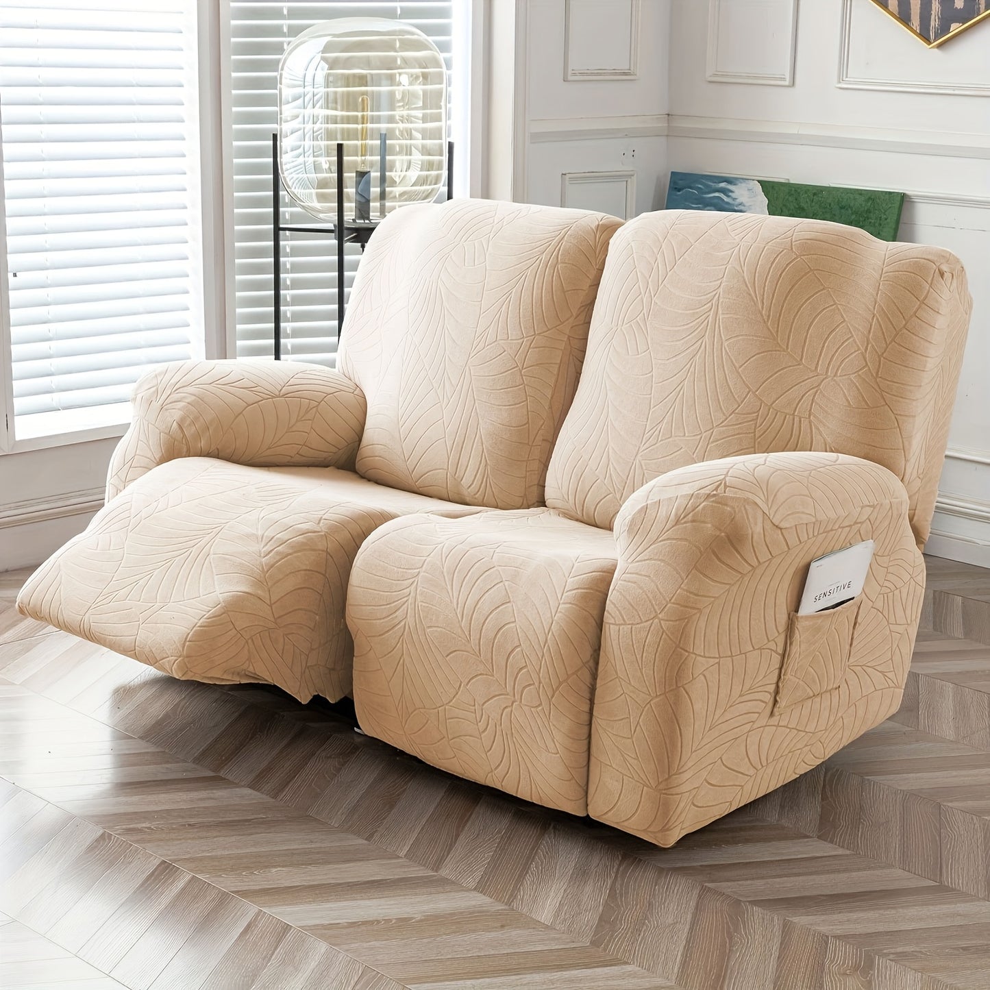 1/2/3/ Seat Plus Center Control Recliner Sofa Cover, Winter Insulation, Furniture Decoration, High Stretch Big Leaves Jacquard Sofa Recliner Cover, Soft And Washable, Loveseat Recliner Cover with Console, Home Decoration, Mother'S Day Gifts