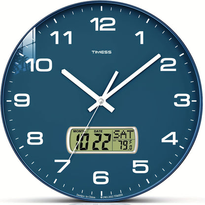 TIMESS Round Analog Wall Clock, ABS & Polycarbonate, Calendar Display, Fahrenheit Temperature, Silent Mechanical Movement, for Bedroom Office School, 10/12/14 Inch, Black