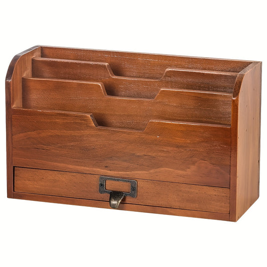 High-Capacity Wooden File Storage Rack with Multi-Compartment Organizer, Drawer And Desktop Sundries Folder for Office, Study, And Home Bookcase, Utility Racks