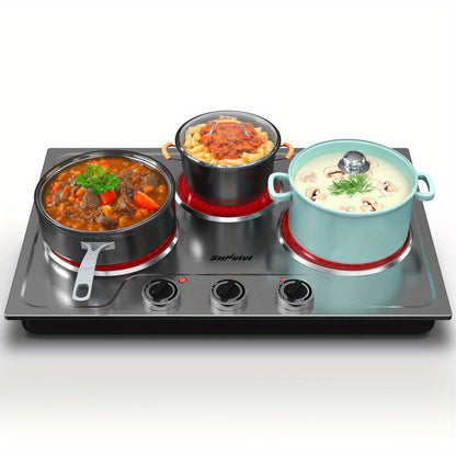 [Portable Electric Cooktop] Royalcraft 1800W Electric Stove Triple Burner Portable Electric Cooktop, Knob Control Indicator Light, Compatible With All Cookware, Countertop Stove For Cooking, Silver