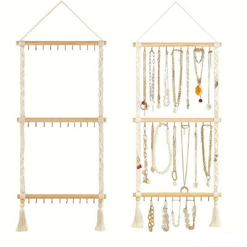 2/1pc Bohemian Jewelry Rack, Hanging Jewelry Storage Rack, Hand Woven Tassel Jewelry Display Rack, Bedroom Decoration, Contains 30 Hooks for Necklaces, Earrings, Bracelets, Hair Additions Storage, Hanging Jewelry Organizers