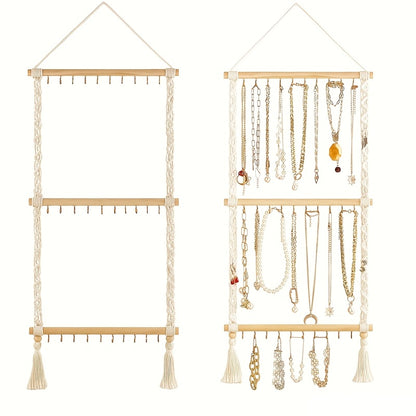 2/1pc Bohemian Jewelry Rack, Hanging Jewelry Storage Rack, Hand Woven Tassel Jewelry Display Rack, Bedroom Decoration, Contains 30 Hooks for Necklaces, Earrings, Bracelets, Hair Additions Storage, Hanging Jewelry Organizers