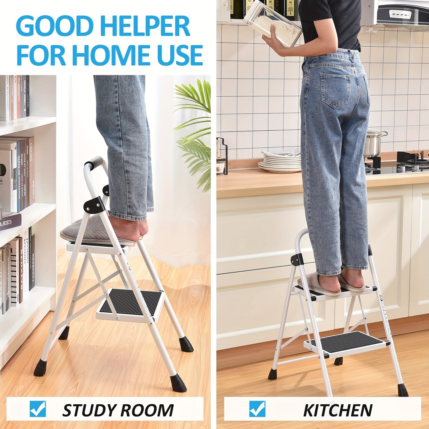2 Step Ladder Foldable Heavy Duty Steel, Non-Slip Wide Pedal Step Stool with Safety Handle, Lightweight Portable Folding Step Ladder for Home Kitchen Bathroom Garage, 250lb Capacity, White & Red