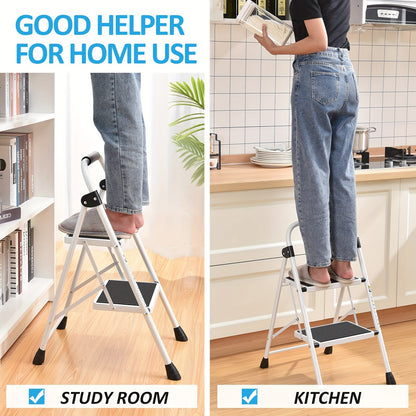 2 Step Ladder Foldable Heavy Duty Steel, Non-Slip Wide Pedal Step Stool with Safety Handle, Lightweight Portable Folding Step Ladder for Home Kitchen Bathroom Garage, 250lb Capacity, White & Red