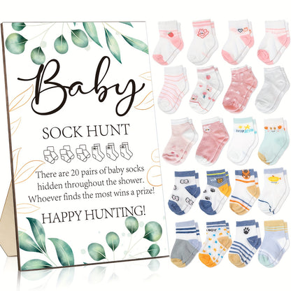 20 pairs Sock- Bear/flower/Animal/Classical with 1pc Wooden Table Sign Holder Party Supplies Shower Games Include Sock Hunt Sign And 20 Pair Small Cotton Socks Wooden Table Sign with Holder for And Gender Reveal Party Favors Easter Gifts
