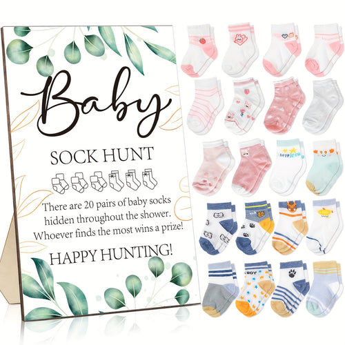 20 pairs Sock- Bear/flower/Animal/Classical with 1pc Wooden Table Sign Holder Party Supplies Shower Games Include Sock Hunt Sign And 20 Pair Small Cotton Socks Wooden Table Sign with Holder for And Gender Reveal Party Favors Easter Gifts