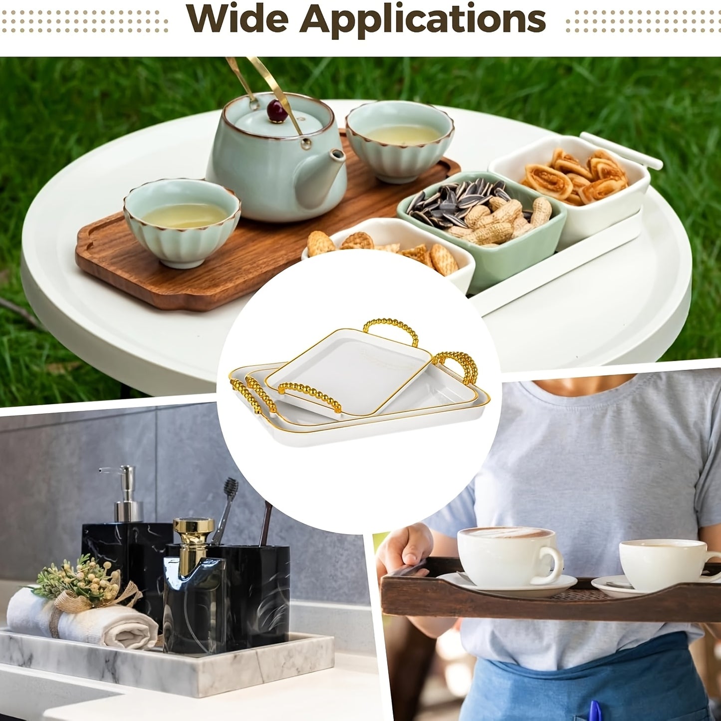 3pcs Handled Tray Set, Measuring 16.5/15/13.2 Inches, Ideal for Serving Food at Large Gatherings. Reusable White Plastic Rectangular Trays Perfect for Holding Meals, Dinners, Cakes, Turkey, Cheese, Fruit, And Appetizers