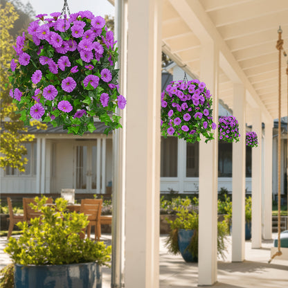 Artificial Hanging Flowers Outdoor UV-Resistant Fake Petunias with Planter Basket – Realistic Faux Hanging Plants for Garden Patio Porch Balcony Railing Decor