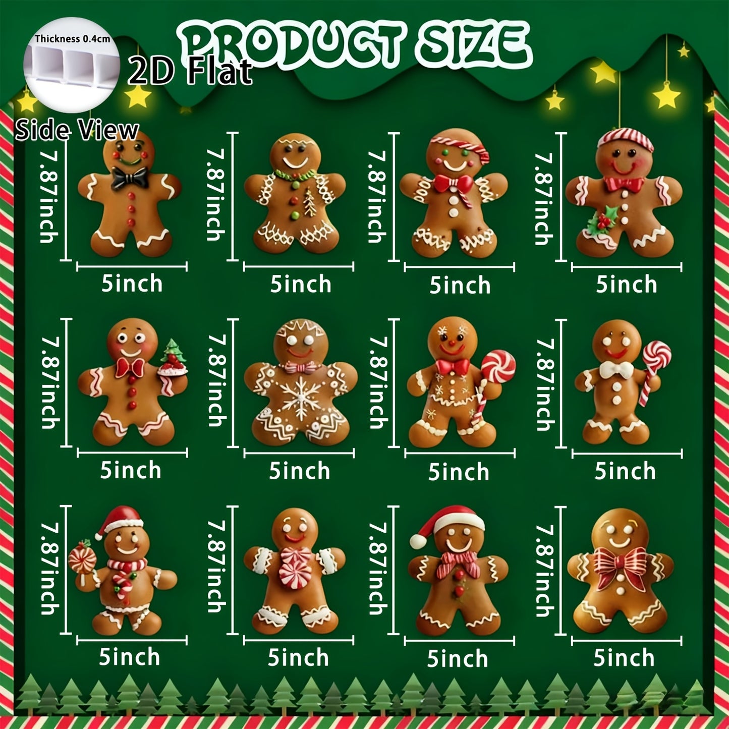 2D Flat, 12pcs Christmas Gingerbread for Man Decor for Tree-Christmas Tree Topper, Christmas Tree Decoration, Christmas Deocrations for Tree, Funny Christams Tree Ornament Christmas Gifts, 2D Flat