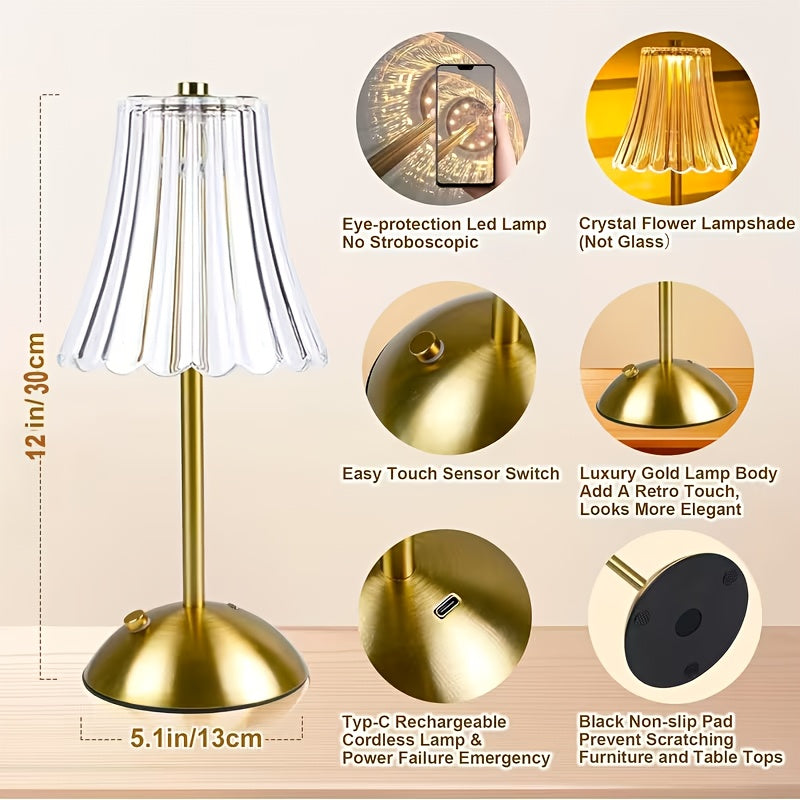 Crystal LED Table Lamp Vintage USB Rechargeable 3 Color Dimmable Touch Control Bedside Night Light for Bedroom Living Room Office Reading Relaxation Ambiance Modern Desk Lamp 1pc or 2pcs