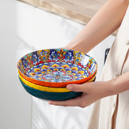 32 Oz Porcelain Bohemian Style Pasta Bowls | Set Of 6, Flower Pattern, Round Shape, Microwave Safe, Brand: VANCASSO